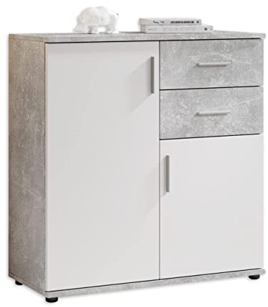 Stella Trading BOBBY Kommode in Beton-Optik, Weiß - Modernes Sideboard mit viel Stauraum für Ihren Wohnbereich - 80 x 82 x 35 cm (B/H/T) | Viel Stauraum durch mehrere Türen und Schubladen, Kunststoff Griffe in Alu-Optik, Flur Wohn- oder Schlafzimmer
