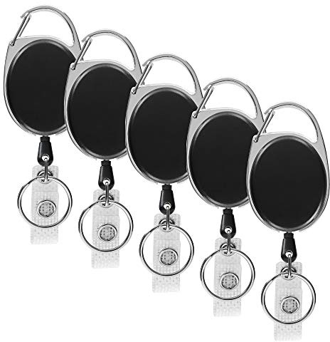 5er Pack Ausweis Jojo Ausziehbar – Badge Reel mit stabilem Seilzug & Metall-Gürtelclip | Schwarze Ausweisroller für Schlüssel, Karten & Büro