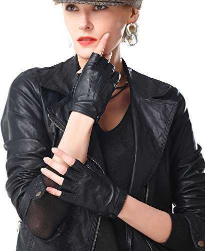 NappaNovum Damen Halbfinger-Handschuhe aus Leder mit Seidenfutter - Schwarz - M