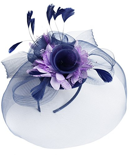 Feather Flower Fascinator Hat Veil Net Hair Clip Ascot Derby Races Wedding (Navy and Lilac)