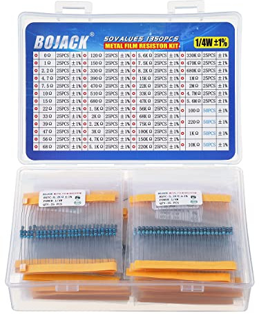 BOJACK Resistor Assortment Kit 0 Ohm - 5.6M Ohm 1/4W Metal Film Resistor Assortment Resistor Kit (50 Values 1350 Pcs)