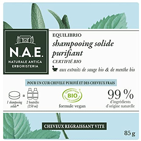 N.A.E. - Shampoing Solide Certifié Bio - Purifiant Cheveux Gras - Extraits de Sauge Bio et de Menthe Bio - Formule Vegan - 100 % d'ingrédients d'origine naturelle - Savon de 85 g