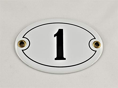 Emaille Hausnummer Schild Nr. 1, oval, Weiß-Schwarz Handarbeit