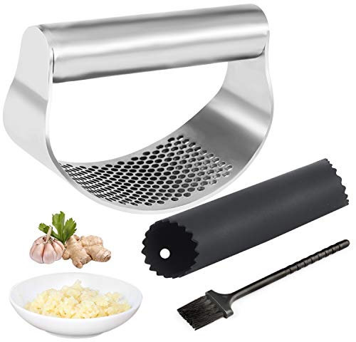 Aieruma Presse-ail à bascule en acier inoxydable avec 2 éplucheurs en silicone et accessoires de cuisine, facile à utiliser et à nettoyer