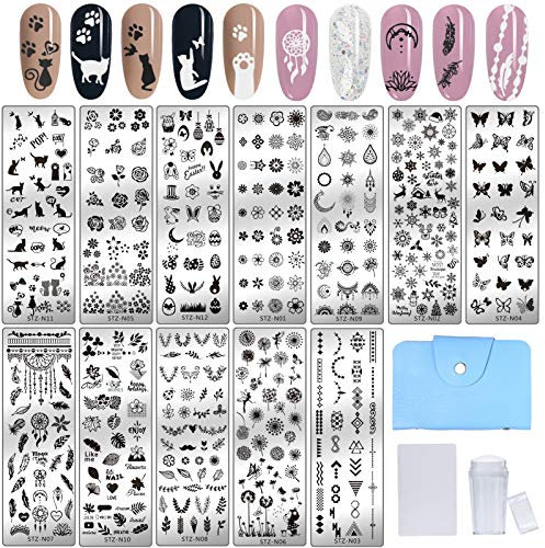 NICENEEDED 15PCS Nagel Kunst Stanzen Stamping, 12 Platte 1 Stamper 1 Schaber und 1 Aufbewahrungstasche Nagel Stempel Platten Tier Bild Vorlage Werkzeuge für Nägel Dekoration Professionelle DIY-Salon
