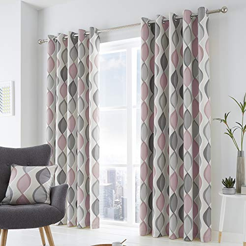 Fusion Lennox 100% Cotton Eyelet Lined Curtains, Grey/Blush, 66 x 90 Inch, w168cm (66) x d229cm (90)