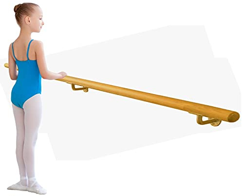 Ballet Barre Single Bar 8 FT Long 2.0” Diameter Gold, Kids and Adults | Open Bracket Wall Mounted Fixed Height Wooden Ballet Barre | Home/Studio Ballet Bar, Dance Bar, Stretch Bar, Dancing/Stretching