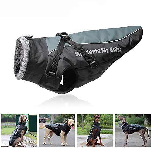 Cappotto per cani reversibile impermeabile riflettente giacca in peluche con imbracatura staccabile e collare in pelliccia piegata, ,comodo per il freddo per cani di taglia media e grande 2XL-6XL
