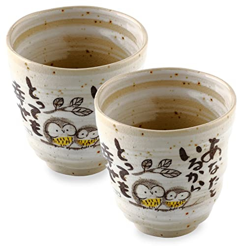 Japanese Tea Cups Handleless Coffee Mugs Owl Design 6.4 oz Set of 2 | MIno WareYunomi Mug Japanese Poem Gray Lucky Charms