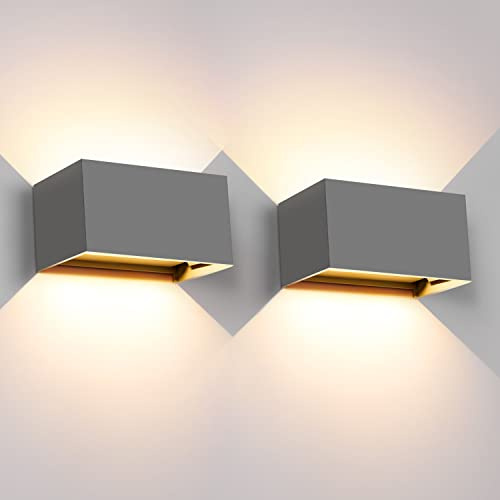 Kingwei 20W LED Wandleuchte Innen Auf und ab Einstellbarer Lichtstrahl 2 Stück Wandleuchte Warmweiß 3000K Außenwandleuchte Wasserdichte IP65, Wandleuchte Aussen Wandbeleuchtung (Grau)