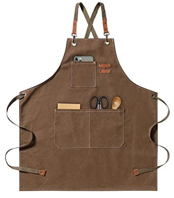 jiuzcare Grillschürze für Männer 76cm Baumwoll-Schürze mit Fronttaschen Taschen Einstellbare Grillschürze mit Leder überzogener Kordelzug BBQ Schürze Geeignet für Küche Grill Handgemacht Backen, Braun