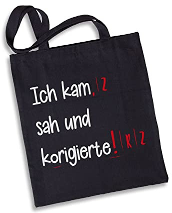 Tassenbrennerei Baumwolltasche mit Spruch Ich kam sah und korigierte - Stofftasche lustig - Geschenk für Lehrer, Lehrerin