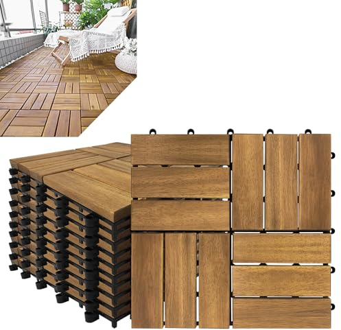 Froadp Piastrelle in legno di acacia, 30 x 30 cm, per terrazze e balconi, con rete di drenaggio in plastica, sistema a scatto, set di piastrelle in legno, ritagliabili, per patio giardino (5 m²/55