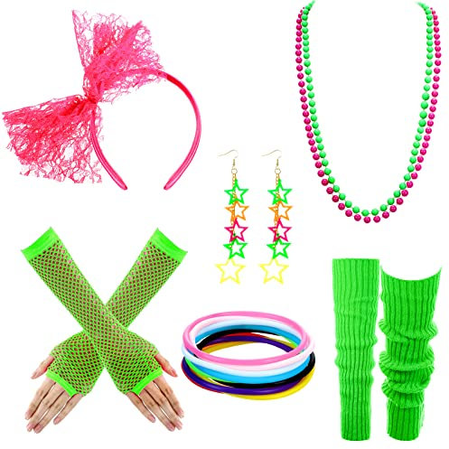 Blulu 80s Fancy Dress Costume Accessories with Lace Headband Earrings Fishnet Gloves Leg Warmers Necklace Bracelet for Women(Fluorescent Green, Rose Red)