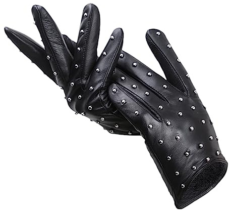 Damen-Handschuhe, Nieten, Echtes Leder, Schaffell-Handschuhe, Dünn, Warm, Winter, Fahren, Motorrad-Fäustlinge Black S