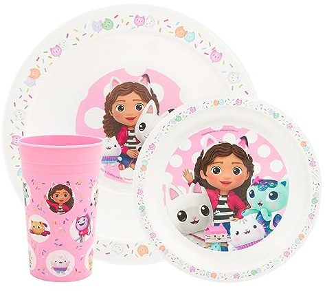 Gabby's Dollhouse - Juego de vajilla para niños, 3 piezas, plato de polipropileno reutilizable, cuenco y taza para niños, juego de vaso y vajilla para las comidas, para 24 meses en adelante, rosa