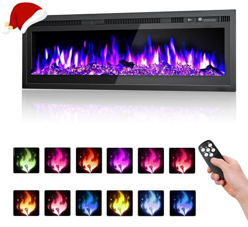GJCrafts 40 Inch Electric Fireplace, Recessed Wall Mounted Electric Fireplace with 12 Realistic LED Flame Effect, Touch Screen Control Panel/Adjustable Thermostat/Crystal&Log Set，750/1500W