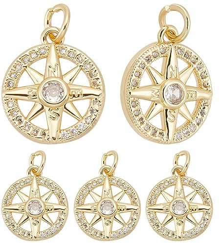 Beebeecraft 1 Box 10 Stück Kompass Charms Mikro Pavé Kubikzirkonia Kristallstein Goldene Flache Runde Anhänger Für Die DIY Schmuckherstellung