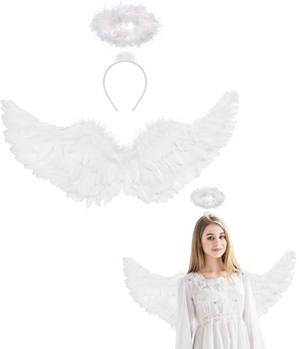 Winwild Engelsflügel Weiß mit Heiligenschein Engel Flügel 60CM Engel Teufel Feen Kostüm Kinder Accessoires für Halloween Karneval Cosplay Party Fasching Verkleidung