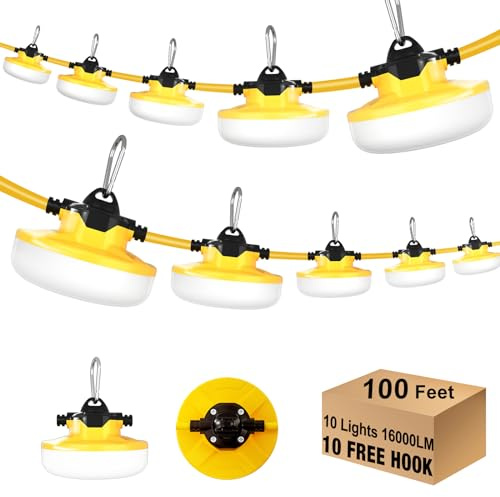 JC-LGL 30 m lange LED-Lichterkette, 3 Zinken, 130 W, 16000 lm, LED-Lichterkette, Arbeitsleuchte, 5000 K Tageslicht, temporäre Beleuchtung für Baustellen, Baustellen, Renovierung, Minenhöhle