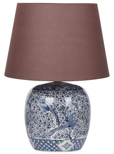 Beliani Tischlampe Porzellan blau/weiß Vasenform mit Stoffschirm braun Kegelform Neira