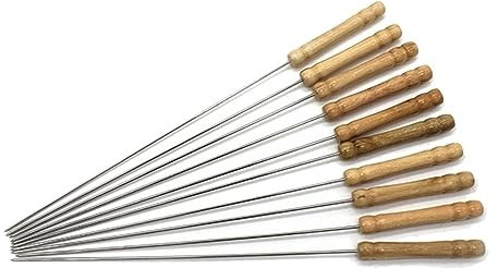 SePkus Schaschlikspieße, 10 Stück, kompatibel mit Grill, wiederverwendbarer Grill, Edelstahlspieße mit Holzgriff, Schaschlik, Grill, Camping-Gadgets, Küchenutensilien