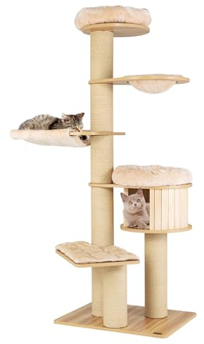 GYMAX Modern Cat Tree, 193cm Tall Cat Tower with Top Perch, Wooden Cat Condo, Scratching Posts, Hammocks & Hanging Basket, Multi-level Cat Play Center for Play & Rest | with Wooden Cat Condo, Scratching Posts, Hammocks & Hanging Basket, Multi-level Cat Play Center for Play & Rest