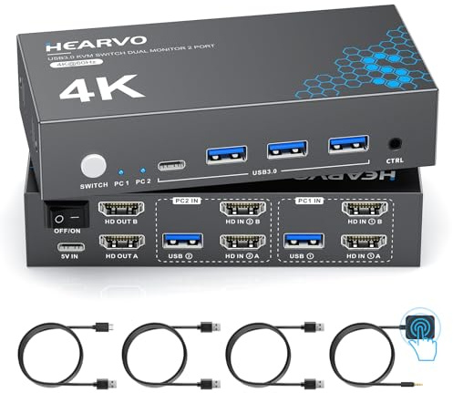 Hearvo HDMI KVM Switch 2 Monitors 2 Computers, USB 3.0,4K@60Hz KVM Switches Sharing of Dual Monitors Keyboard Mouse and Printer Between 2 Computers，with EDID，2 USB Cables and Controller -S7232H2