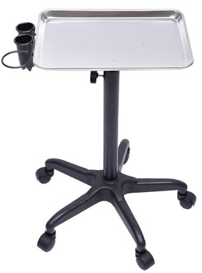 Salon Tablett, Barber Trolley Verstellbare HöHe, Friseurwagen mit Aluminium Tablett Und Rollen für Friseursalon Dentistry Beauty Silber