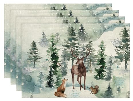 Artoid Mode Deer Fox Pine Trees Snow Christmas Placemats Set of 4, 30 x 45cm Seasonal Winter Xmas Holiday Vintage Washable Table Mats