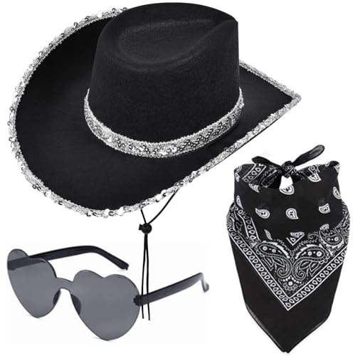 Aomig 3 st cowboyhatt maskeradtillbehör, svart cowboy kostym set med Paisley bandanna och glasögon, västerländsk cowboy maskeraddräkt för födelsedag halloween, ungkarl fest, Svart, en storlek
