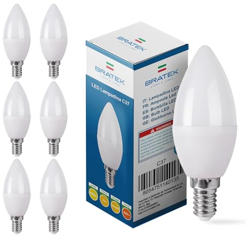 Bratek 6 Lampadine Led Oliva E14 Luce Calda 3000k, 7 Watt, 600 Lumen | Lampadine Attacco Piccolo 7W 600lm Equivalenti a 45W a Incandescenza o 35W Alogena, Accensione Istantanea, Durata 25000 Ore