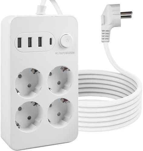 Regleta de 3 USB y 1 tipo C con cable trenzado de 2 m, regleta de 4 enchufes, regleta de 2500 W 10 A con protección contra sobretensiones, extensión de enchufe para enchufe de pared (blanco)