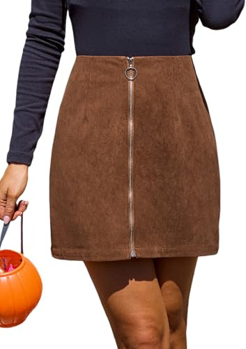 CUPSHE Cord Vorderreißverschluss Minirock, Vintage Herbst-Winter Damenkurzer Rock, Braun,S