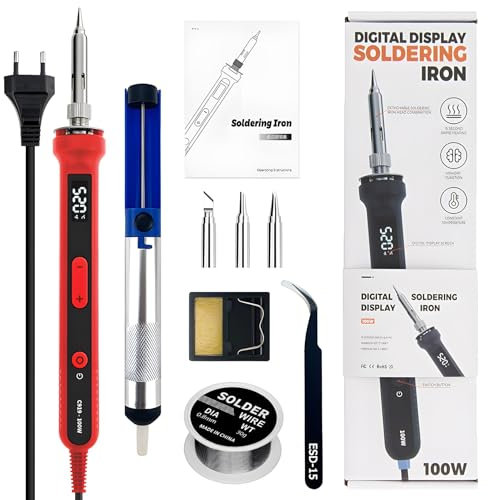 Treedix Lötkolben Set, 100W verstellbarer Temperatur Lötkolben mit digitaler Anzeige, Mini Lötkolben, drei zusätzliche Lötkolbenspitzen, Pinzette, Entlötpumpsauger, Lötzinn und Ständer (EU-Stecker)