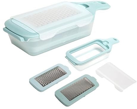 Tasty Interchangeable Grater with Storage Box, Includes Coarse & Fine Stainless Steel Blades, Non-Slip Base for Stability, Dishwasher Safe, Aqua