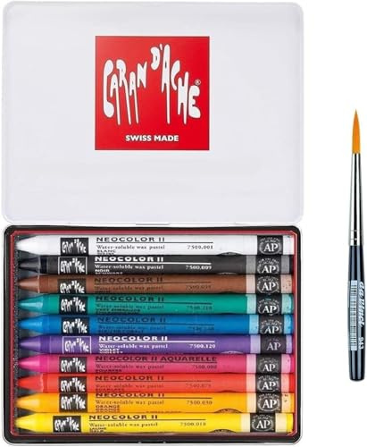 Caran d'Ache Neocolor II, Pastels à la Cire aquarellables, Crayons à la Cire Aquarellables Lot de 10 et 1 pinceaux