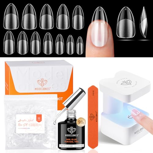 modelones Nageltips and Glue Gel Kit, Medium Almond Full Cover Nail Tips Set, 9 in One Nagelkleber & Uv Lampe Klein, 216 Pcs 12 Größen Nagel Tips Set für Nagelverlängerung DIY Salon Geschenke