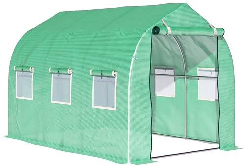 Outsunny Invernadero de Exterior 3x2x2 m Invernadero de Túnel con 6 Ventanas de Malla Puerta Enrollable Cubierta de PE 140g/㎡ Anti-UV Marco de Metal Galvanizado para Patio Jardín Verde