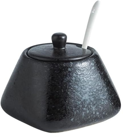 CvbGNJm Azucarero,Azucarero,Azucarero de cerámica de color sólido con tapa, Azucarero de porcelana con cuchara, Salero pequeño, Tarro de almacenamiento, for cafetería, restaurante(Black 1)