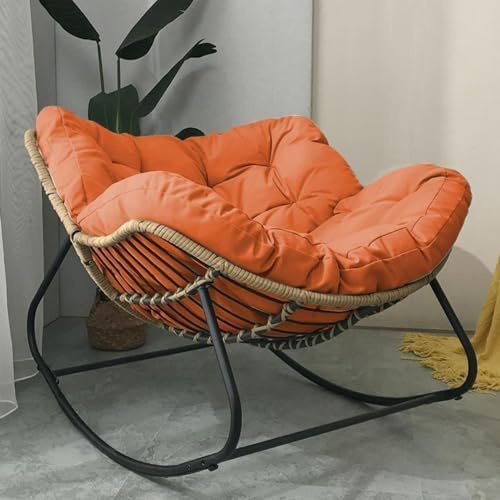 Patio Rocking Outdoor Papasan with Cushion Padded Indoor Oversized Rattan Wicker Lounge Chair Egg Rocking Rocker Metal Frame Large Supports Modern Chair (Orange)