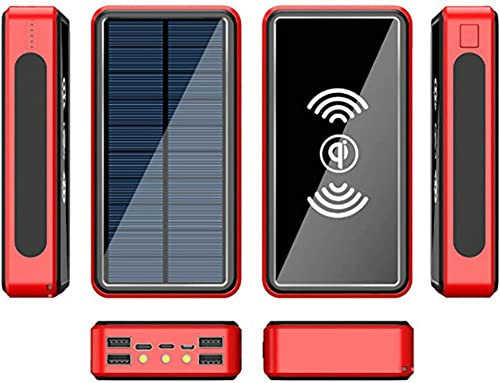 Chargeur Solaire Portable Power Bank 10 W Chargeur Solaire sans Fil Charge Rapide Batterie Externe Portable 4 Sorties (USB) Lampe de Poche LED Étanche, Rouge, 100000 mAh