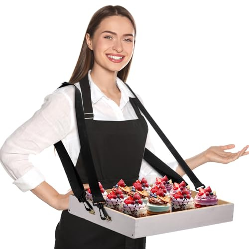 Teenyyou Wooden Vendor Trays with Strap 15 x 11 x 2 Inch Movie Night Party Serving Snack Trays Usherette Popcorn Drink Vending Concessions Tray Beverage Carrier for 20's Theme Prop(White,Spaces)