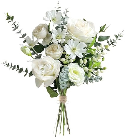 YEAHLEE Artificial Flowers White Rose and Peony Fake Flowers, Silk Flowers | Ornaments for Living Room Peony Plants Berries Dried Flowers Bouquet