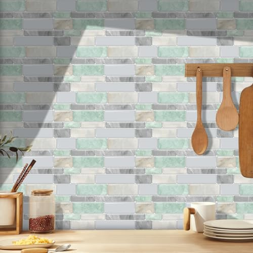Piastrelle Adesive Cucina E Bagno Grigio Verde Impermeabile Pannelli Decorativi Per Pareti Piastrelle Mattonelle Adesive PVC Paraschizzi Cucina Adesivo Facile Da Applicare 10 PC(12x24cm)