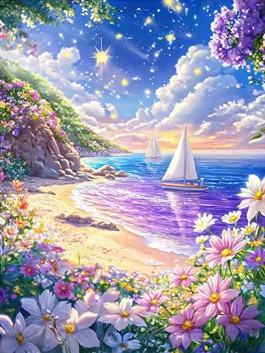 Possoco Beach Diamond Art Kits for Adults Flowers, Landscape 5D Diamond Painting Kits for Adults Beginner, DIY Full Drill Round Rhinestone Gem Art Crafts Paintings for Gift Home Wall Decor 12x16 Inch