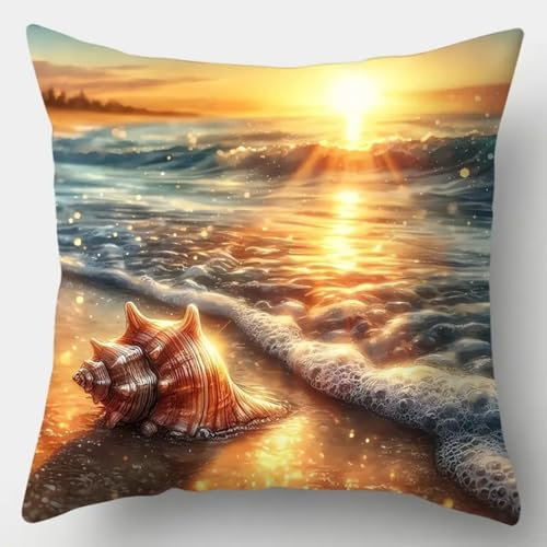 ANSIWEIGO Kit Point Noué Coussin,Canevas à Nouer 43x43 cm,Activité DIY pour Débutants, Enfants et Adultes,Décoration Maison et Cadeau Fait Main,Coquillages de plage