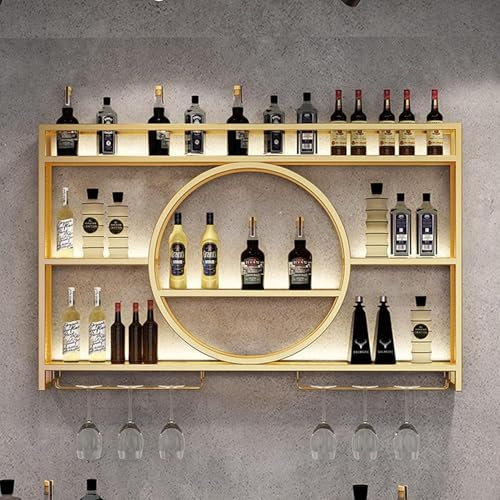 Vin Mural avec Porte-Verre, étagère à Bouteilles De Vin en Fer, étagère De Rangement Multi-futiol, Présentoir De Stockage De Vin, étagère Flotta, Gold, 120x15x80cm/47x6x31in