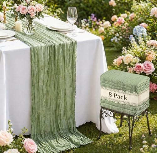 FAVE 8er Set salbeigrüne Musselin Tischläufer 300 cm | Boho-Gaze Tischläufer, wiederverwendbar, waschbar für Hochzeit, Babyparty, Brautdusche, Party, Bankett, Bogen-Dekoration.