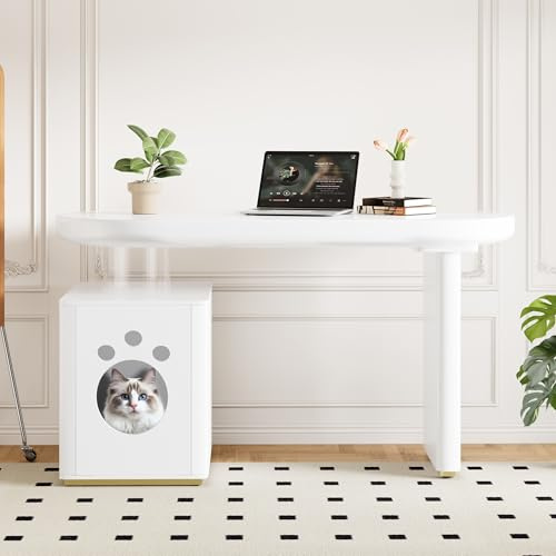 Escritorio para ordenador, mesa de oficina con cama para mascotas, para oficina, estudio, salón, oficina en casa, 117 × 50 × 76 cm, color blanco, patas de 5 cm de grosor, soporte acrílico, placa